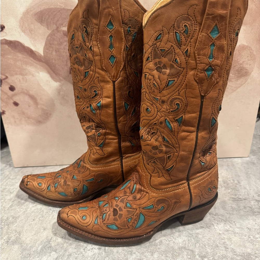 Corral Women's Size 7 M Brown Leather Inlay Western Cowboy Boots - Picture 2 of 8